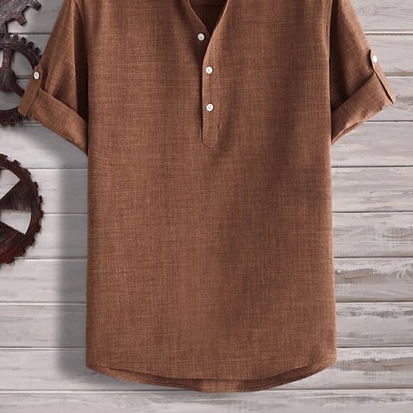 Coffee Brown Casual Mens Half Button Roll Up Sleeve Shirt - Picture 2 of 5